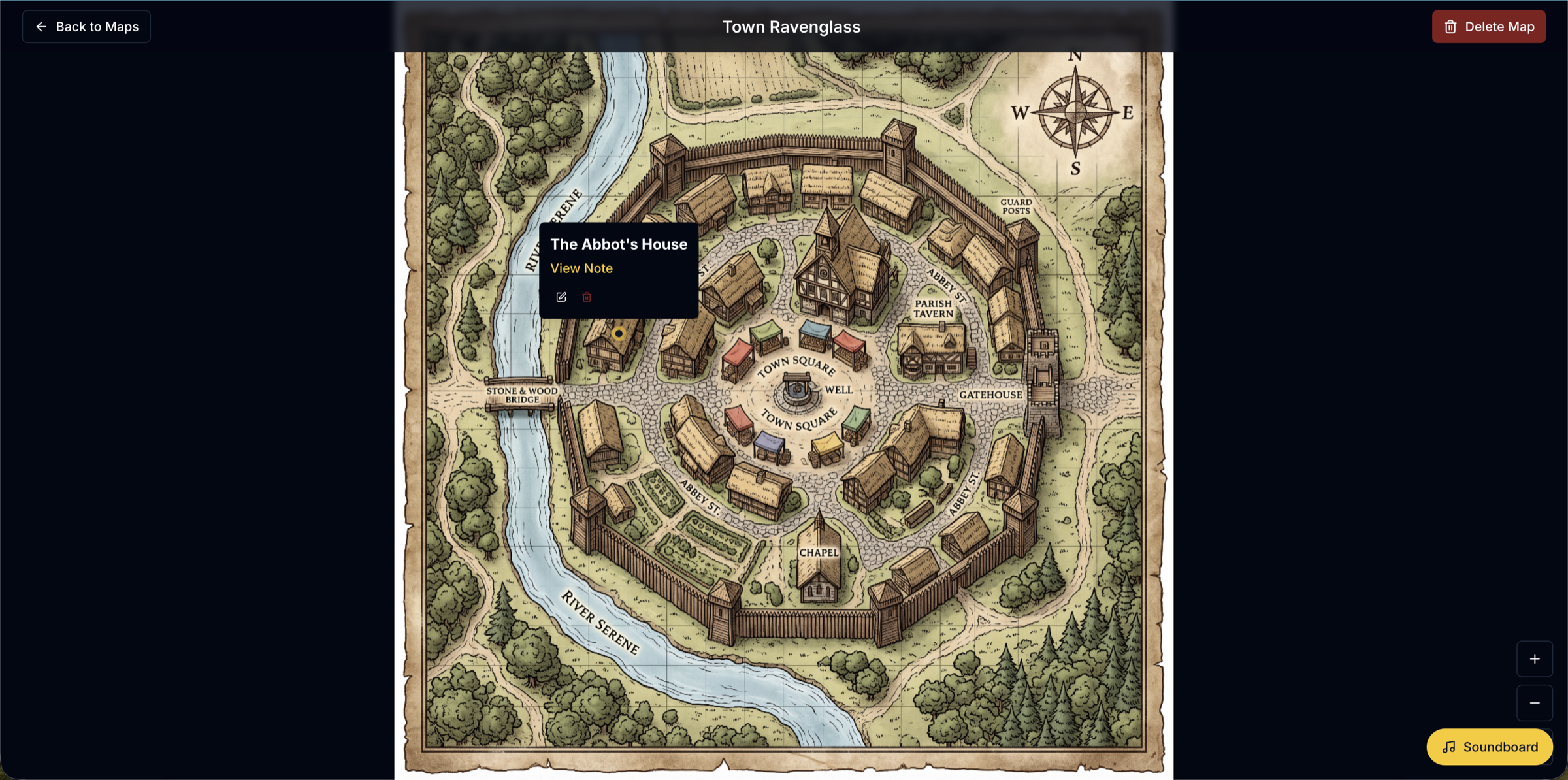 A town map uploaded to a Dungeon Ledger campaign, with a pin dropped on a building opening a popover that links straight through to the note describing it.
